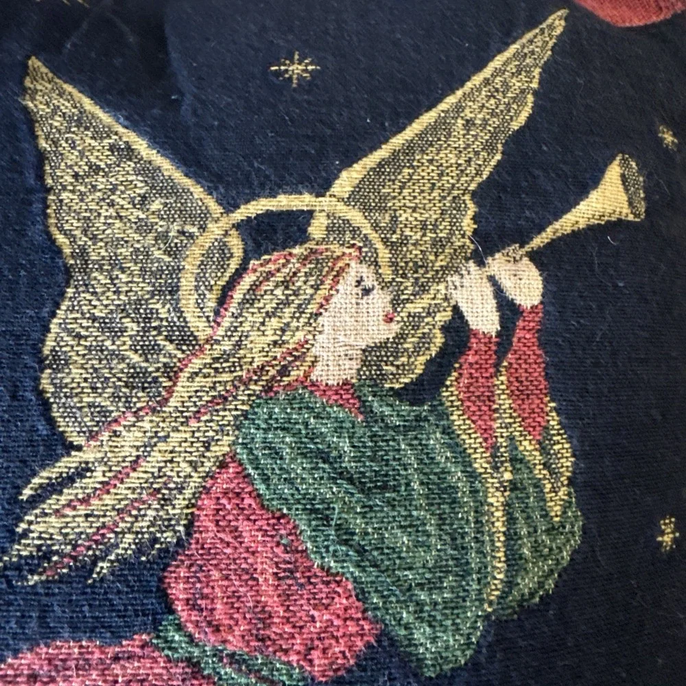 Angel Christmas Pillow Newport Brand Trumpet Black/red/green Tapestry 15 X 15